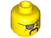 LEGO part Minifigure, Head Gray Eye Patch, Moustache Dark Brown Fu Manchu, Scar, Wrinkles, Crow's Feet Pattern - Hollow Stud 3626pb2328