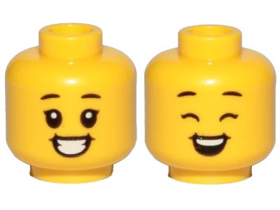 LEGO onderdeel Minifigure, Head Dual Sided Child Black Eyebrows, Big Smile, Teeth, Open Eyes / Closed Eyes Pattern - Hollow Stud (3626pb2380)