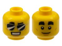LEGO part Minifigure, Head Dual Sided Thick Black Eyebrows, Black Sunglasses, Smile with Teeth / White Pupils, Closed Mouth Pattern - Hollow Stud 3626pb2396