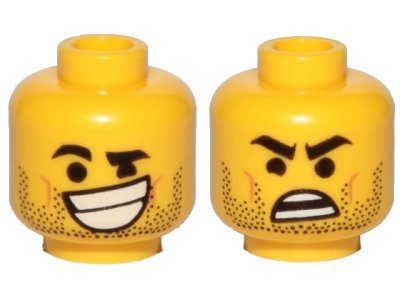 LEGO onderdeel Minifigure, Head Dual Sided Black Eyebrows, Stubble, Lopsided Grin with Teeth / Surprised Pattern (Rex Dangervest) - Hollow Stud (3626pb2411)