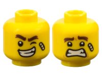 LEGO part Minifigure, Head Dual Sided Dark Brown Thick Eyebrows, Bandage, Wink and Lopsided Open Mouth Smile with Teeth / Scared Pattern - Hollow Stud 3626pb2439