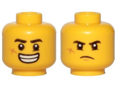 LEGO onderdeel Minifigure, Head Dual Sided Black Eyebrows, Cheek Scar, Large Smile with Teeth / Grumpy Pattern - Hollow Stud (3626pb2441)