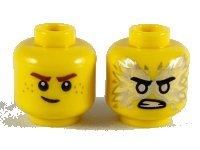 LEGO part Minifigure, Head Dual Sided Reddish Brown Eyebrows, White Pupils, Lopsided Smile / Black Eyebrows, Flat Silver Eyes, Energy, Angry Pattern (Jay) - Hollow Stud 3626pb2446