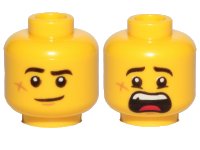 LEGO part Minifigure, Head Dual Sided Black Eyebrows, Cheek Scar, Lopsided Smile / Scared Pattern - Hollow Stud 3626pb2454