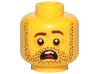 LEGO onderdeel Minifigure, Head Dark Brown Beard Stubble, Dark Brown Eyebrows, Left Raised, Open Mouth, Teeth and Tongue, Scared Pattern - Hollow Stud 3626pb2456