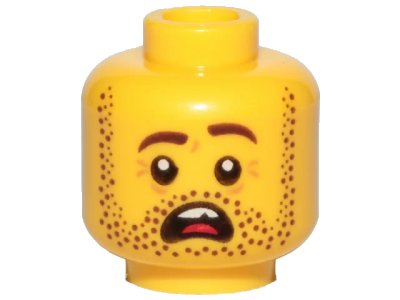 LEGO onderdeel Minifigure, Head Dark Brown Beard Stubble, Dark Brown Eyebrows, Left Raised, Open Mouth, Teeth and Tongue, Scared Pattern - Hollow Stud (3626pb2456)