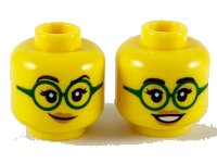 LEGO onderdeel Minifigure, Head Dual Sided Female Black Eyebrows, Eyelashes, Nougat Eye Shadow, Dark Green Glasses, Medium Nougat Lips, Lopsided Grin / Open Mouth Smile with Teeth Pattern - Hollow Stud 3626pb2464