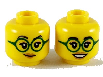 LEGO onderdeel Minifigure, Head Dual Sided Female Black Eyebrows, Eyelashes, Nougat Eye Shadow, Dark Green Glasses, Medium Nougat Lips, Lopsided Grin / Open Mouth Smile with Teeth Pattern - Hollow Stud (3626pb2464)