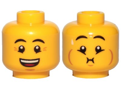 LEGO onderdeel Minifigure, Head Dual Sided Eyebrows, Crow's Feet, Open Mouth Smile / Queasy Expression with Sweat Drop Pattern - Hollow Stud (3626pb2492)