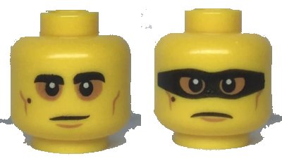 LEGO onderdeel Minifigure, Head Dual Sided Black Eyebrows and Mole, Medium Nougat Cheek Lines, Baggy Eyes / Frown with Black Mask Pattern - Hollow Stud (3626pb2525)