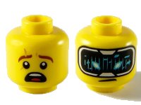 LEGO part Minifigure, Head Dual Sided Reddish Brown Eyebrows with Scar, Surprised / HUD with Black Screen, Medium Azure Highlights Pattern - Hollow Stud 3626pb2553