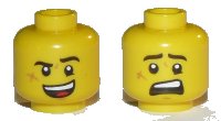 LEGO part Minifigure, Head Dual Sided Black Eyebrows, Cheek Scar, Open Mouth Smile / Scared Pattern - Hollow Stud 3626pb2567
