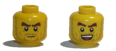 LEGO onderdeel Minifigure, Head Dual Sided Dark Brown Beard Stubble, Dark Brown Thick Eyebrows, Grumpy / Open Mouth Smile Pattern - Hollow Stud (3626pb2571)