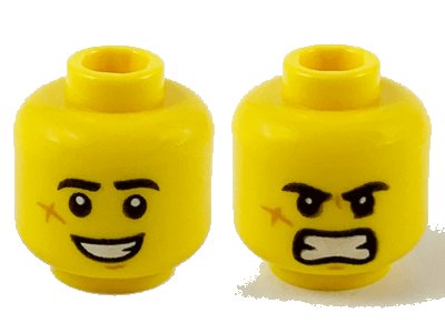 LEGO onderdeel Minifigure, Head Dual Sided Black Eyebrows, Cheek Scar, Large Smile with Teeth / Angry Pattern - Hollow Stud (3626pb2574)