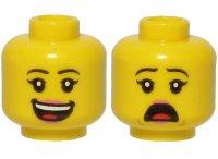 LEGO part Minifigure, Head Dual Sided Female Black Eyebrows, Pink Lips, Smile with Teeth and Tongue / Scared Pattern - Hollow Stud 3626pb2582
