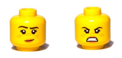 LEGO onderdeel Minifigure, Head Dual Sided Female, Freckles, Pink Lips, Raised Right Eyebrow, Smile / Angry Pattern - Hollow Stud (3626pb2592)