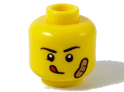 LEGO onderdeel Minifigure, Head Black Eyebrows, Red Tongue Sticking Out, Medium Nougat Bandage on Left Cheek Pattern - Hollow Stud (3626pb2603)