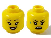 LEGO part Minifigure, Head Dual Sided Female, Black Eyebrows, Peach Lips, Smile Showing Teeth / Open Mouth with Sweat Drop Pattern - Hollow Stud 3626pb2609