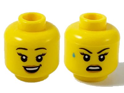 LEGO onderdeel Minifigure, Head Dual Sided Female, Black Eyebrows, Peach Lips, Smile Showing Teeth / Open Mouth with Sweat Drop Pattern - Hollow Stud (3626pb2609)