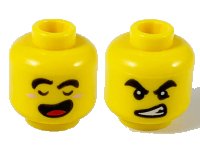 LEGO part Minifigure, Head Dual Sided Black Thick Eyebrows, Closed Eyes and Open Mouth with Red Tongue / Angry with Bared Teeth Pattern - Hollow Stud 3626pb2616