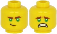 LEGO part Minifigure, Head Dual Sided Reddish Brown Thick Eyebrows, Green Eyes, Chin Dimple, Lopsided Grin / Scared with Teeth Pattern - Hollow Stud 3626pb2633