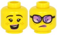 LEGO onderdeel Minifigure, Head Dual Sided Female Lavender Lips, Black Eyebrows, Freckles, Open Mouth with Teeth, Smile / Angry with Glasses Pattern - Hollow Stud 3626pb2635