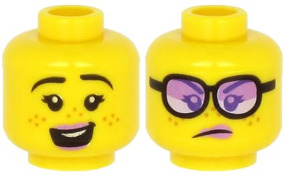 LEGO onderdeel Minifigure, Head Dual Sided Female Lavender Lips, Black Eyebrows, Freckles, Open Mouth with Teeth, Smile / Angry with Glasses Pattern - Hollow Stud (3626pb2635)