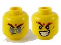 LEGO part Minifigure, Head Dual Sided Sunglasses, Dot, Scar, Lopsided Frown / Raised Eyebrows, Wide Open Mouth Grin with White Teeth Pattern - Hollow Stud 3626pb2644