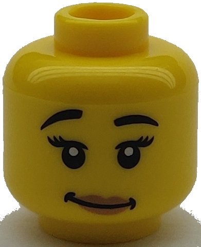 LEGO part Minifigure, Head Female Black Eyebrows Raised, Eyelashes, Medium Nougat Lips, Lopsided Grin with Dimples Pattern - Hollow Stud (3626pb2664)