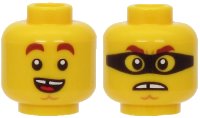 LEGO part Minifigure, Head Dual Sided Reddish Brown Thick Eyebrows, Chin Dimple, Open Mouth Smile with Tongue / Angry with Black Mask Pattern - Hollow Stud 3626pb2667