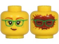 LEGO part Minifigure, Head Dual Sided Female, Dark Red Eyebrows, Green Glasses, Peach Lips, Freckles, Lopsided Grin / Covered with Cocoa Pattern - Hollow Stud 3626pb2695