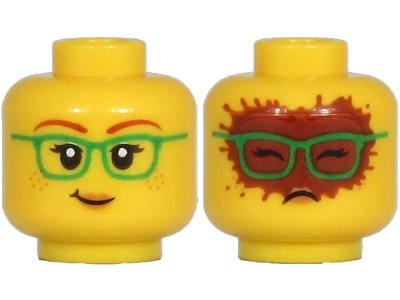 LEGO onderdeel Minifigure, Head Dual Sided Female, Dark Red Eyebrows, Green Glasses, Peach Lips, Freckles, Lopsided Grin / Covered with Cocoa Pattern - Hollow Stud (3626pb2695)