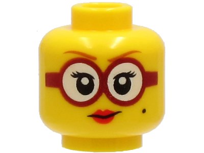 LEGO part Minifigure, Head Female Dark Orange Eyebrows, Glasses Round with White Lenses and Dark Red Frames, Beauty Mark, Red Lips, Smile Pattern - Hollow Stud (3626pb2725)