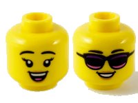 LEGO onderdeel Minifigure, Head Dual Sided Female, Black Eyebrows, Peach Lips, Open Smile / Sunglasses with Dark Purple and Dark Pink Stripes Pattern - Hollow Stud 3626pb2738