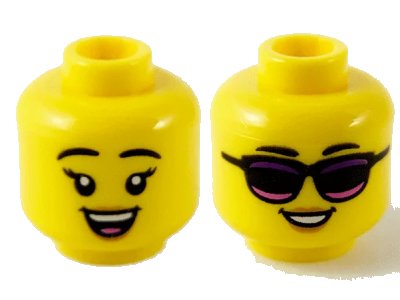 LEGO onderdeel Minifigure, Head Dual Sided Female, Black Eyebrows, Peach Lips, Open Smile / Sunglasses with Dark Purple and Dark Pink Stripes Pattern - Hollow Stud (3626pb2738)