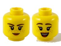 LEGO onderdeel Minifigure, Head Dual Sided Female Dark Brown Eyebrows, Medium Nougat Freckles, Peach Lips, Neutral / Open Smile Pattern - Hollow Stud 3626pb2746