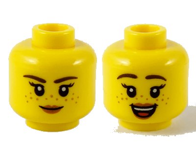 LEGO onderdeel Minifigure, Head Dual Sided Female Dark Brown Eyebrows, Medium Nougat Freckles, Peach Lips, Neutral / Open Smile Pattern - Hollow Stud (3626pb2746)