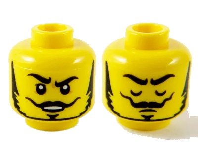 LEGO onderdeel Minifigure, Head Dual Sided Black Eyebrows, Thin Moustache and Beard, Raised Right Eyebrow / Eyes Closed Pattern - Hollow Stud (3626pb2750)