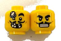 LEGO part Minifigure, Head Dual Sided Black Eyebrows, Moustache, Open Mouth Grin, White Teeth / Bandage on Forehead Pattern - Hollow Stud 3626pb2900