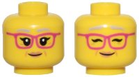 LEGO part Minifigure, Head Dual Sided Female Light Bluish Gray Eyebrows, Black Eyelashes, Magenta Glasses, Nougat Lips and Dimples, Grin, Open Eyes / Closed Eyes Pattern - Hollow Stud 3626pb2933