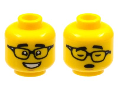 LEGO onderdeel Minifigure, Head Dual Sided, Black Eyebrows, Glasses with Raised Eyebrows / Asleep with Glasses Crooked Pattern - Hollow Stud (3626pb2971)