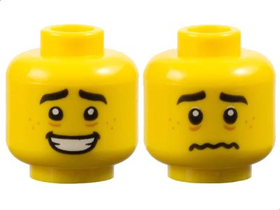 LEGO onderdeel Minifigure, Head Dual Sided Black Eyebrows, Medium Nougat Freckles and Eye Bags, Open Mouth Smile with Teeth / Worried Pattern - Hollow Stud (3626pb2974)