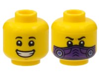 LEGO part Minifigure, Head Dual Sided Child, Black Eyebrows, Wide Smile with Teeth / Dark Purple Mask Pattern - Hollow Stud 3626pb3039