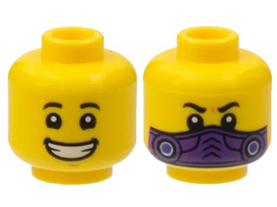 LEGO onderdeel Minifigure, Head Dual Sided Child, Black Eyebrows, Wide Smile with Teeth / Dark Purple Mask Pattern - Hollow Stud (3626pb3039)