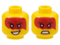 LEGO onderdeel Minifigure, Head Dual Sided Female, Large Red Tattoo, Magenta Eyes, Peach Lips, Smile / Scowl Pattern (Harumi) - Hollow Stud 3626pb3047