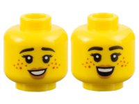 LEGO part Minifigure, Head Dual Sided Female Black Eyebrows, Eyelashes, Dark Orange Freckles, Medium Nougat Lips, Open Mouth Smile with Teeth / Top Teeth Pattern - Hollow Stud 3626pb3182