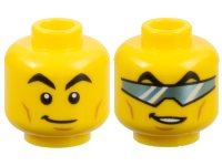 LEGO part Minifigure, Head Dual Sided Black Arched Eyebrows, Cheek Lines and Chin Dimple, Lopsided Grin / Metallic Light Blue Glasses (Visor) Pattern - Hollow Stud 3626pb3197