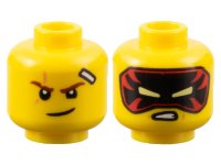 LEGO part Minifigure, Head Dual Sided Reddish Brown Eyebrows, Scar, Bandage, Lopsided Grin / Black and Red Mask with Bright Light Yellow Eyes, Scowl Pattern - Vented Stud 3626pb3366
