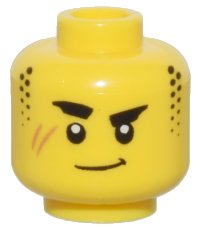 LEGO onderdeel Minifigure, Head Thick Black Eyebrows, Stubble Sideburns, Medium Nougat Scar, and Closed Mouth Lopsided Grin Pattern - Vented Stud 3626pb3372