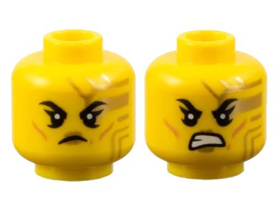 LEGO onderdeel Minifigure, Head Dual Sided Female Black Eyebrows, Gold Circuitry and Lips, Medium Nougat Cheek Lines, Frown / Bared Teeth Pattern - Vented Stud (3626pb3388)